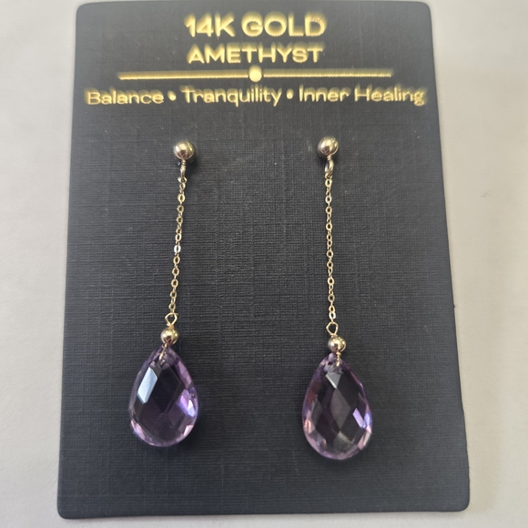Jewelry - 14K Solid Yellow Gold Semiprecious Amethyst Drop Earrings -